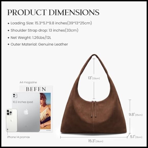 Large Slouchy Hobo Tote Bag Ultra Soft Suede Leather Lightweight Shoulder - Picture 6 of 7